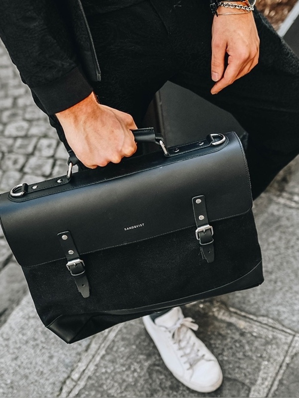 Sandqvist Jones Black Leather Canvas Briefcase Backpack Bag